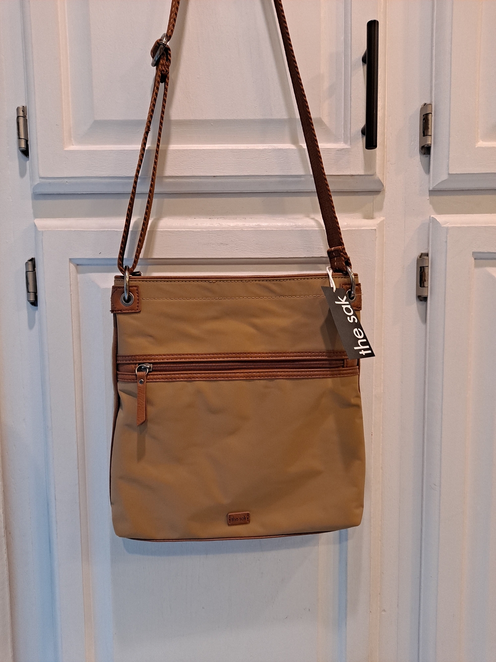 The Sak Esperato Tan Khaki Nylon Crossbody Messenger Bag Brown Trim